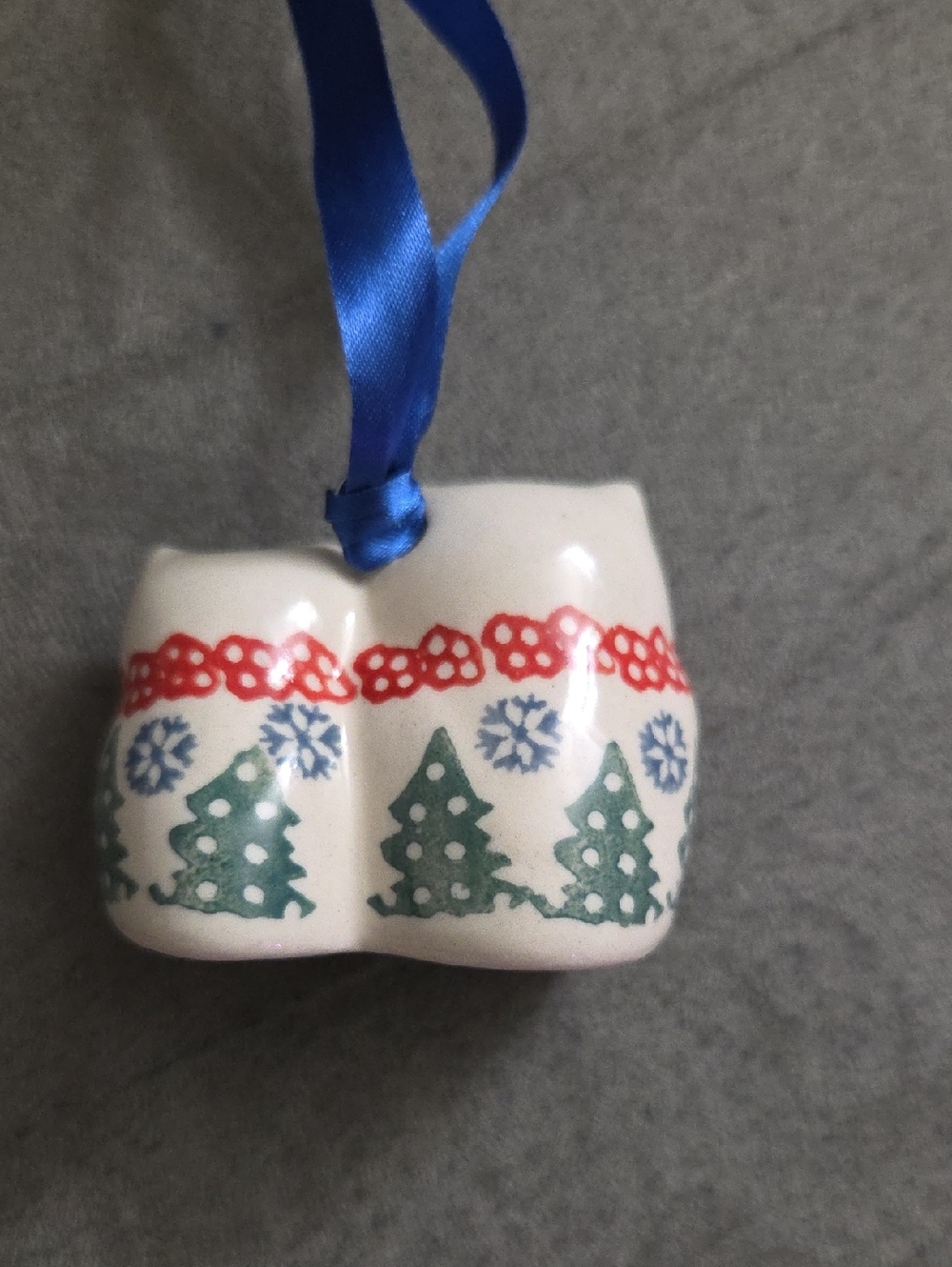 Polish Pottery Owl Holiday Ornament with Blue Ribbon - Picture 2 of 6